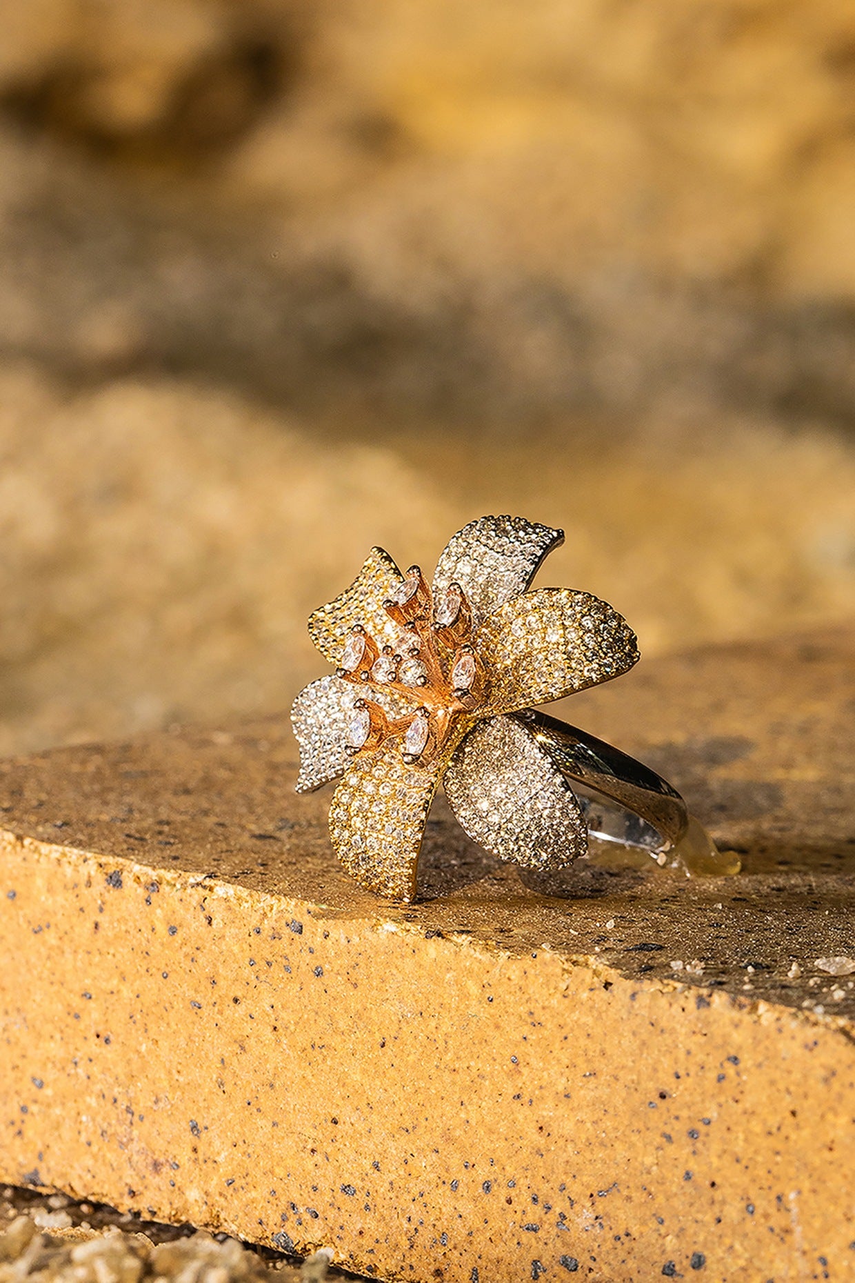 Gold Finish Zircon Aqua Bloom Ring