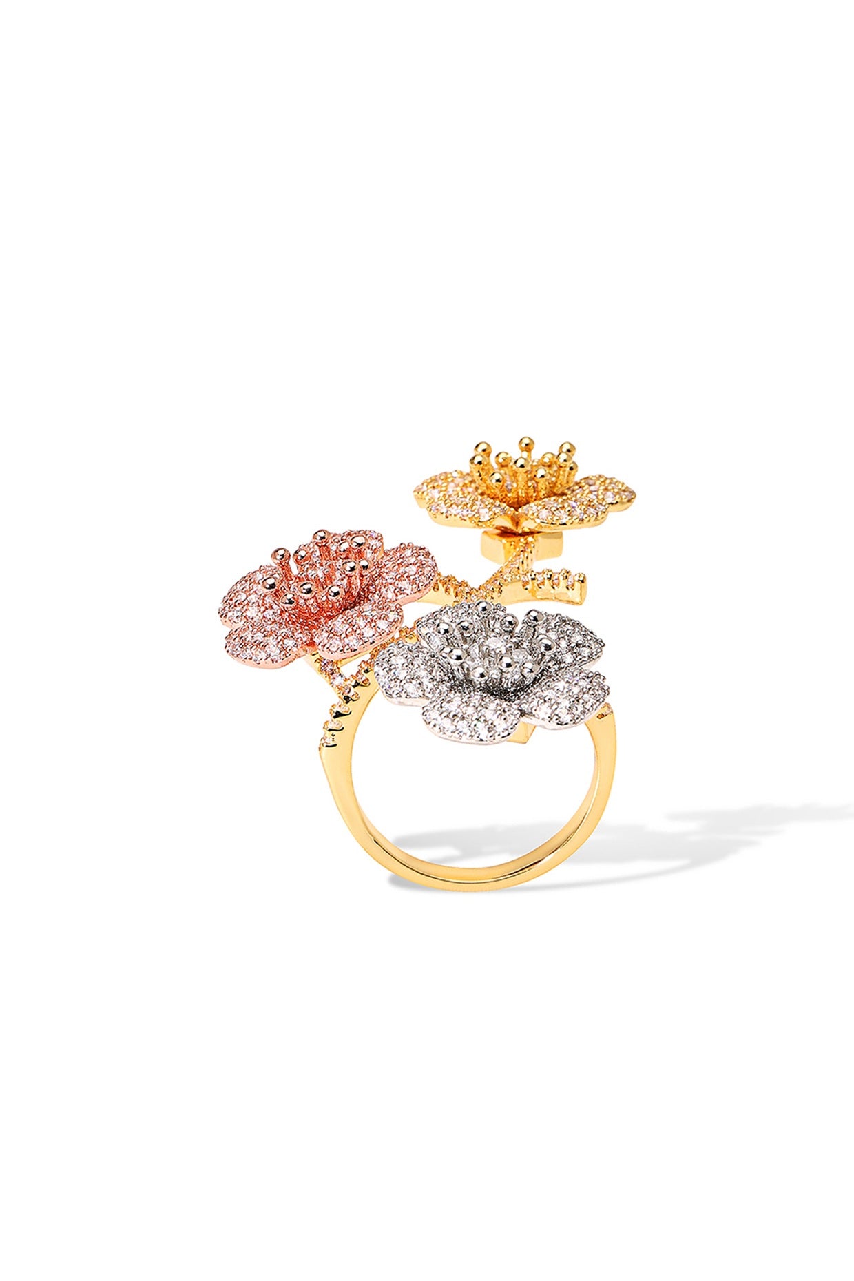 Gold Finish Zircon Floral Coral Bouquet Ring