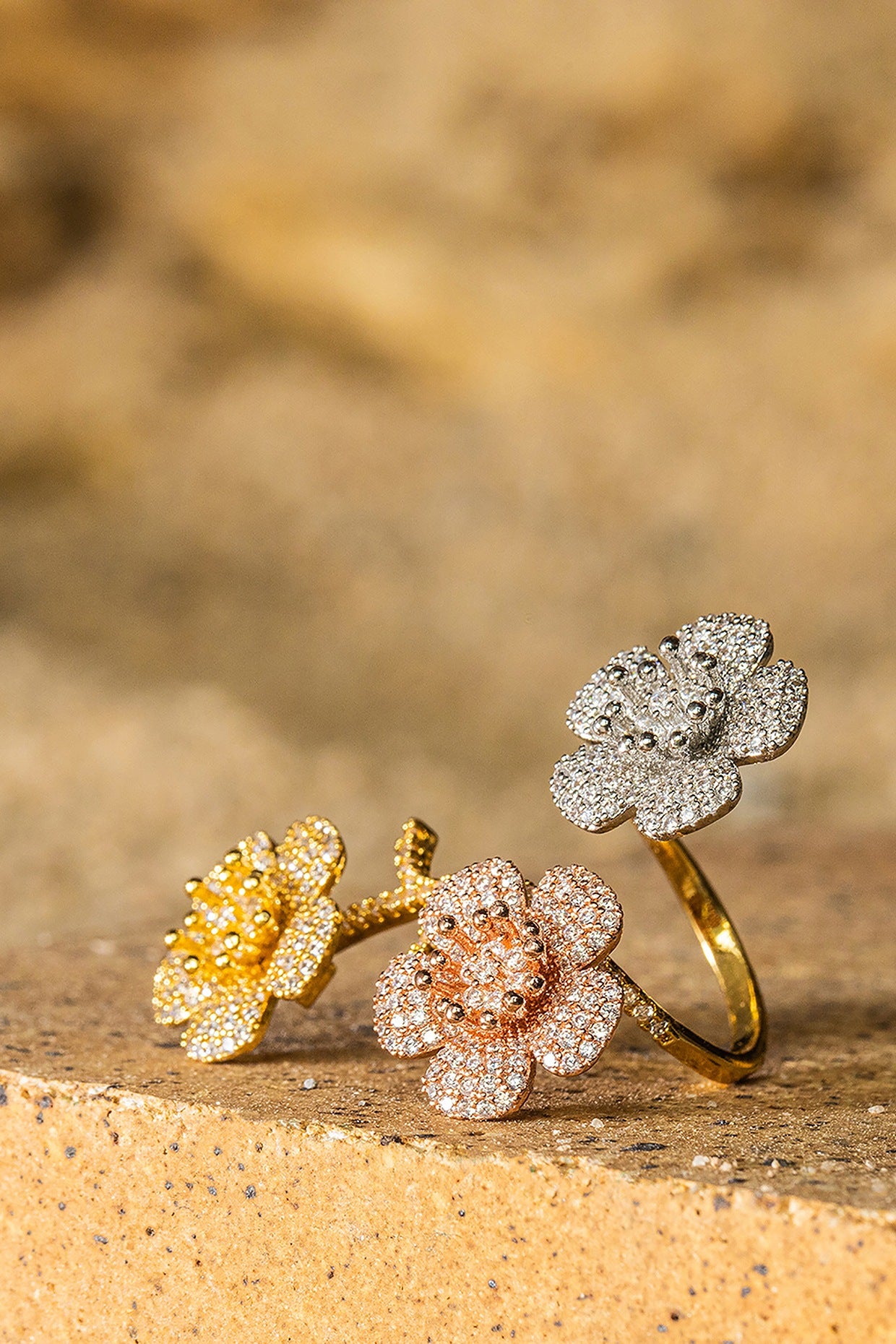 Gold Finish Zircon Floral Coral Bouquet Ring