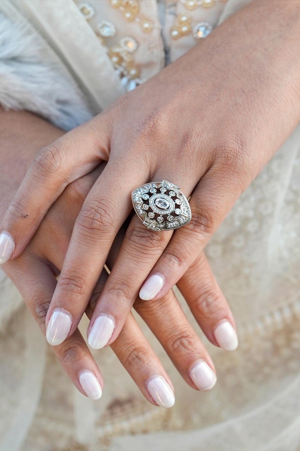 White Gold Finish Marquise Stone & Cubic Zirconia Ring