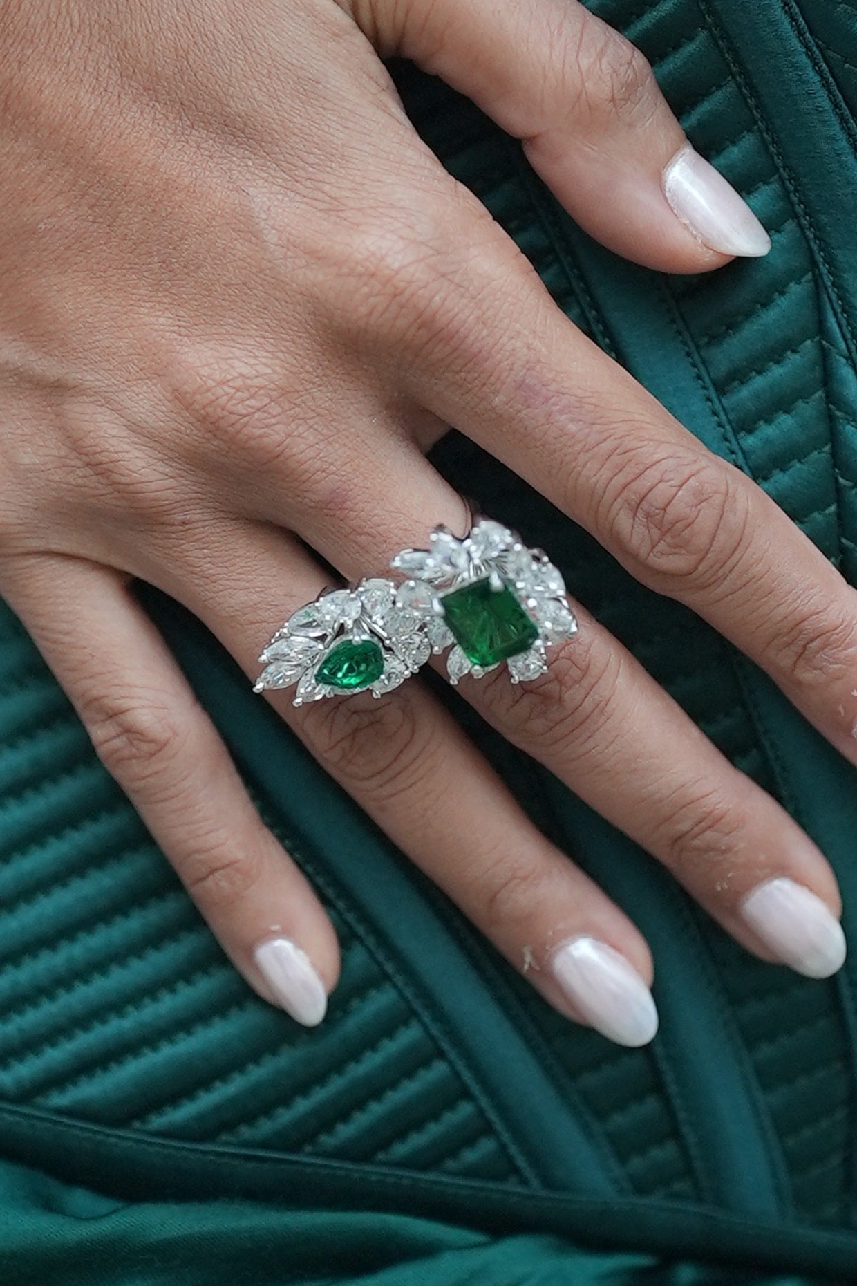 White Gold Finish Zircon & Emerald Stone Ring