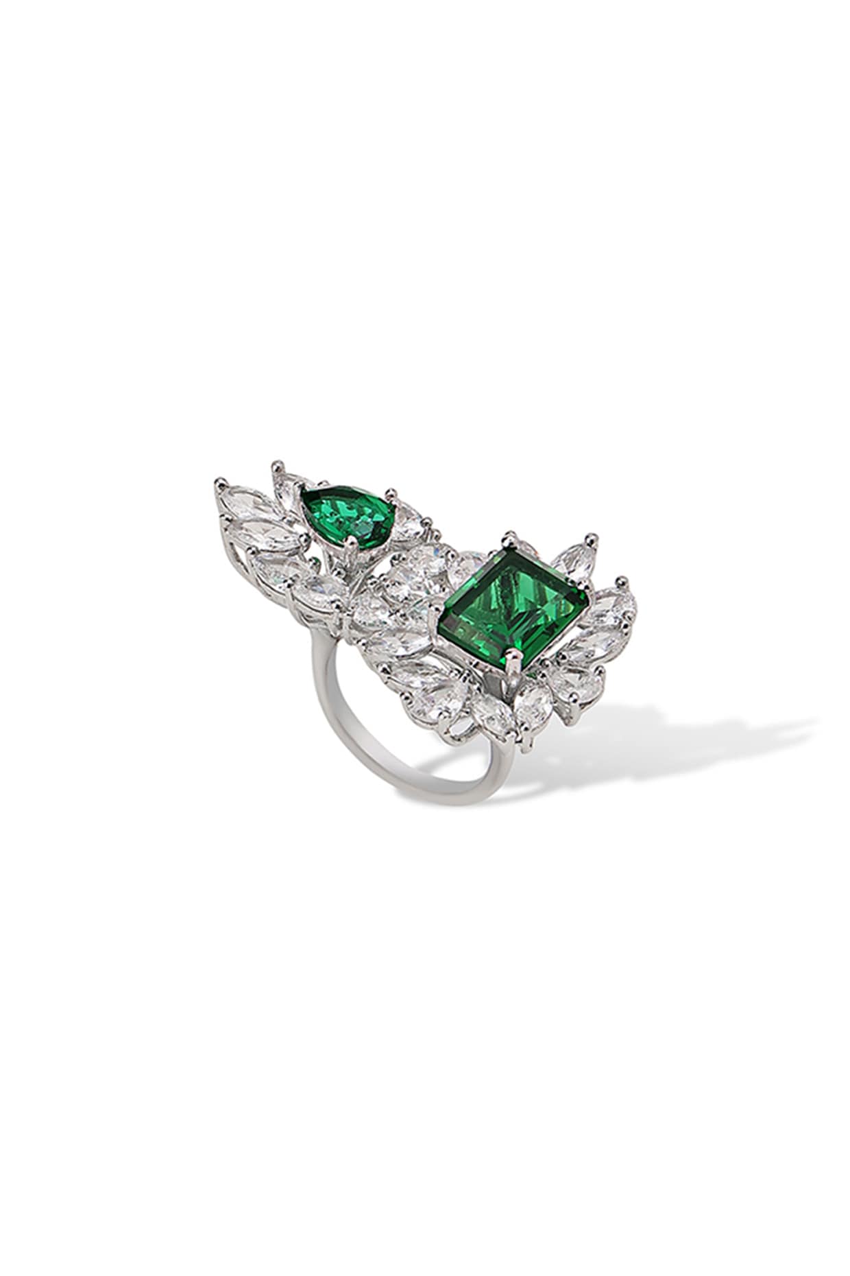 White Gold Finish Zircon & Emerald Stone Ring