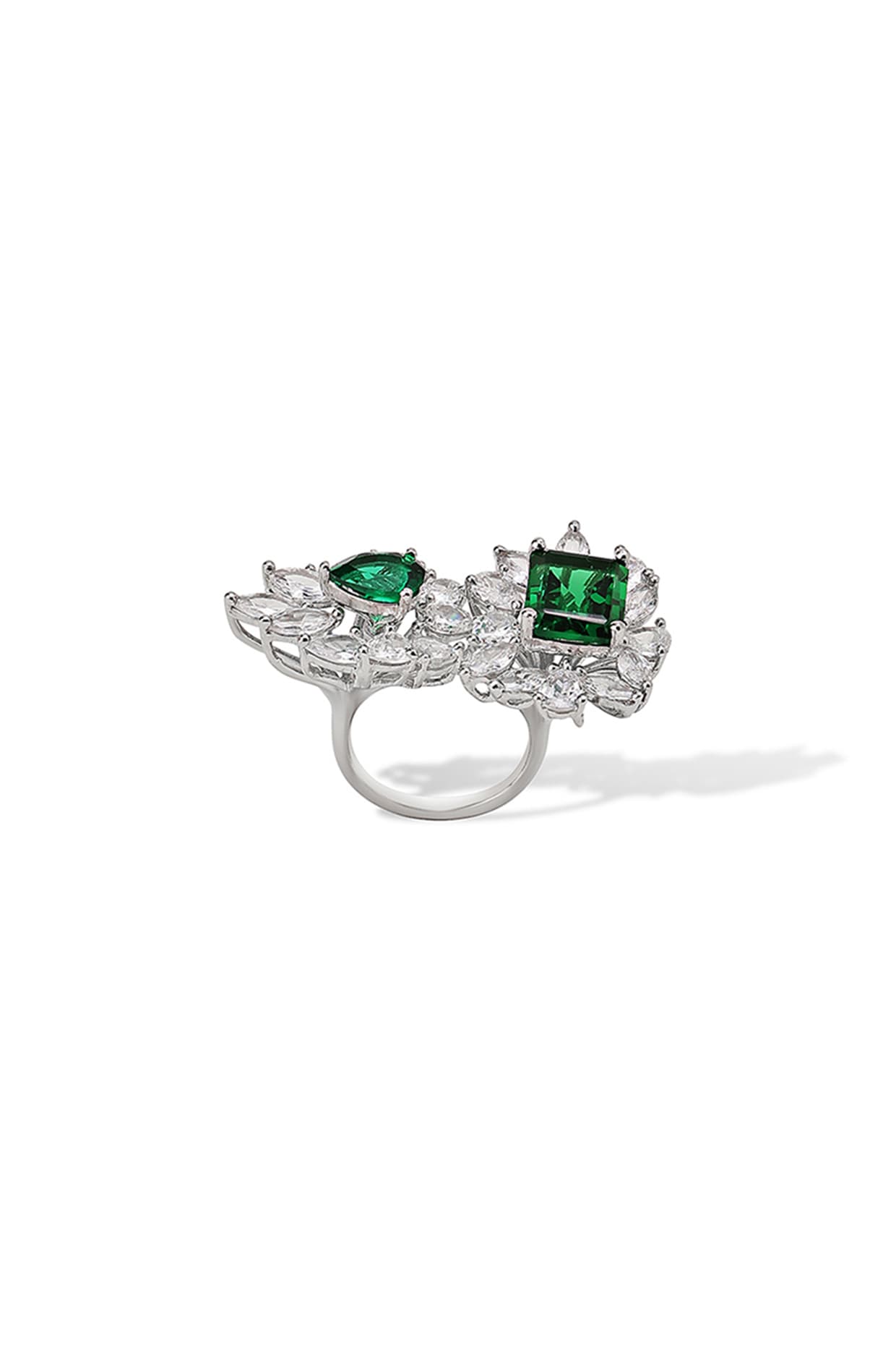 White Gold Finish Zircon & Emerald Stone Ring