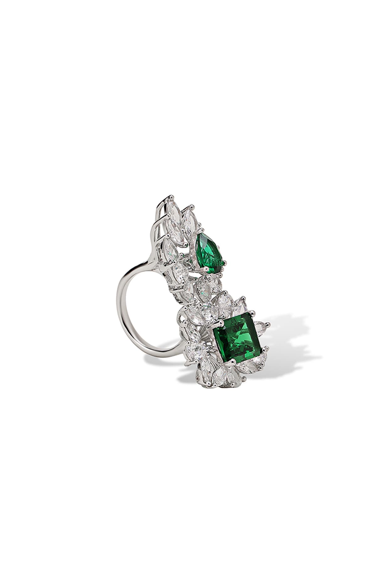 White Gold Finish Zircon & Emerald Stone Ring