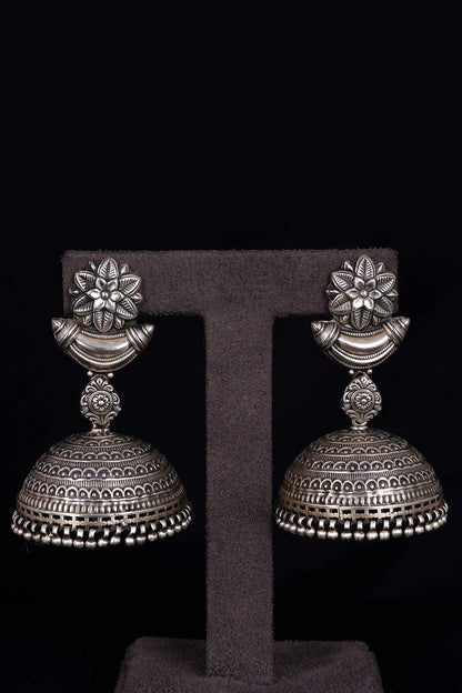 Oxidised Silver Finish Handcrafted Jhumka Earrings In Sterling Silver