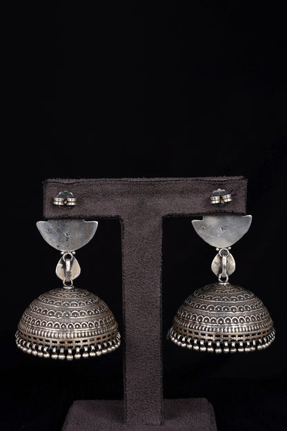 Oxidised Silver Finish Handcrafted Jhumka Earrings In Sterling Silver