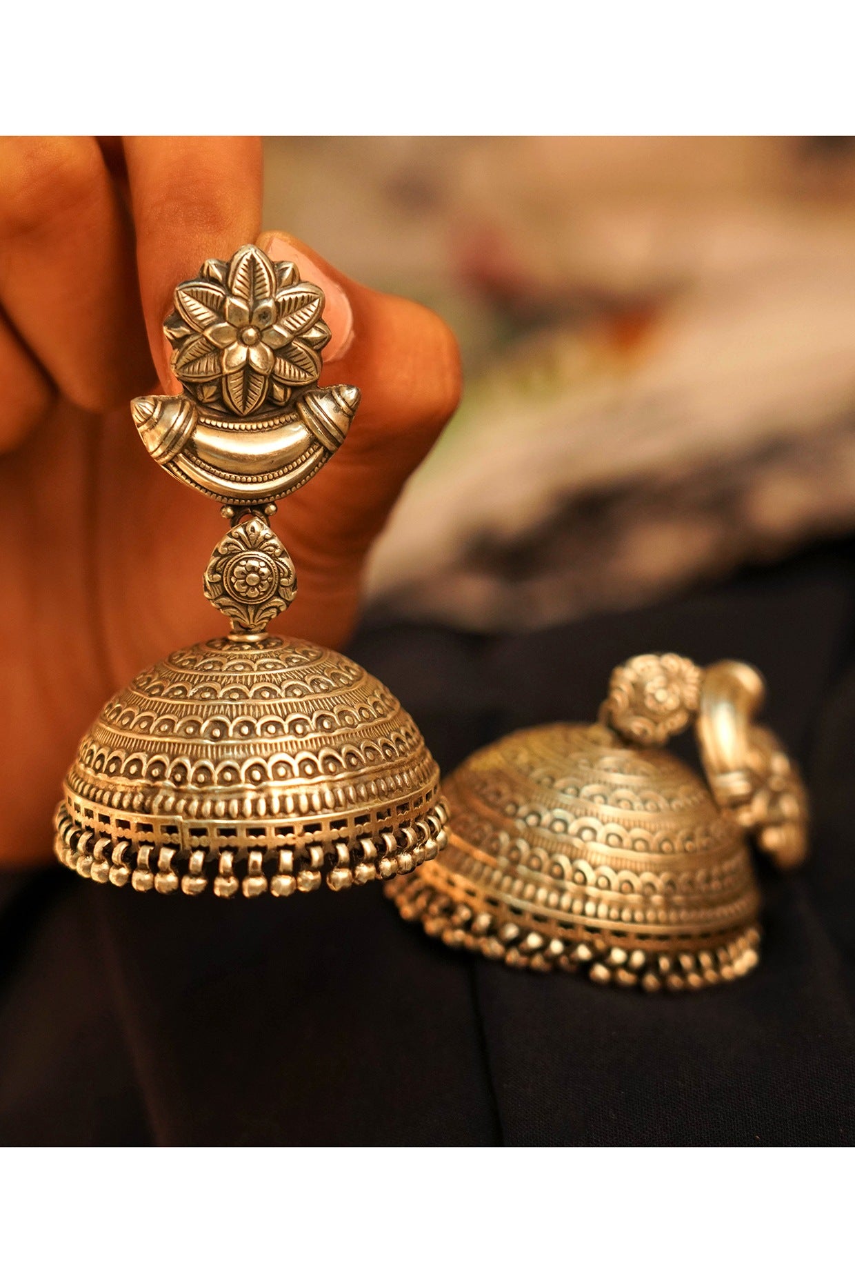 Oxidised Silver Finish Handcrafted Jhumka Earrings In Sterling Silver