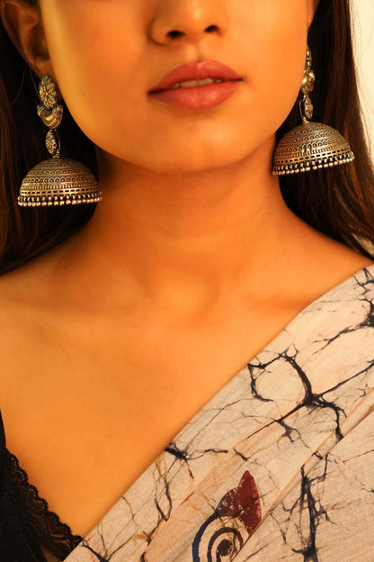 Oxidised Silver Finish Handcrafted Jhumka Earrings In Sterling Silver