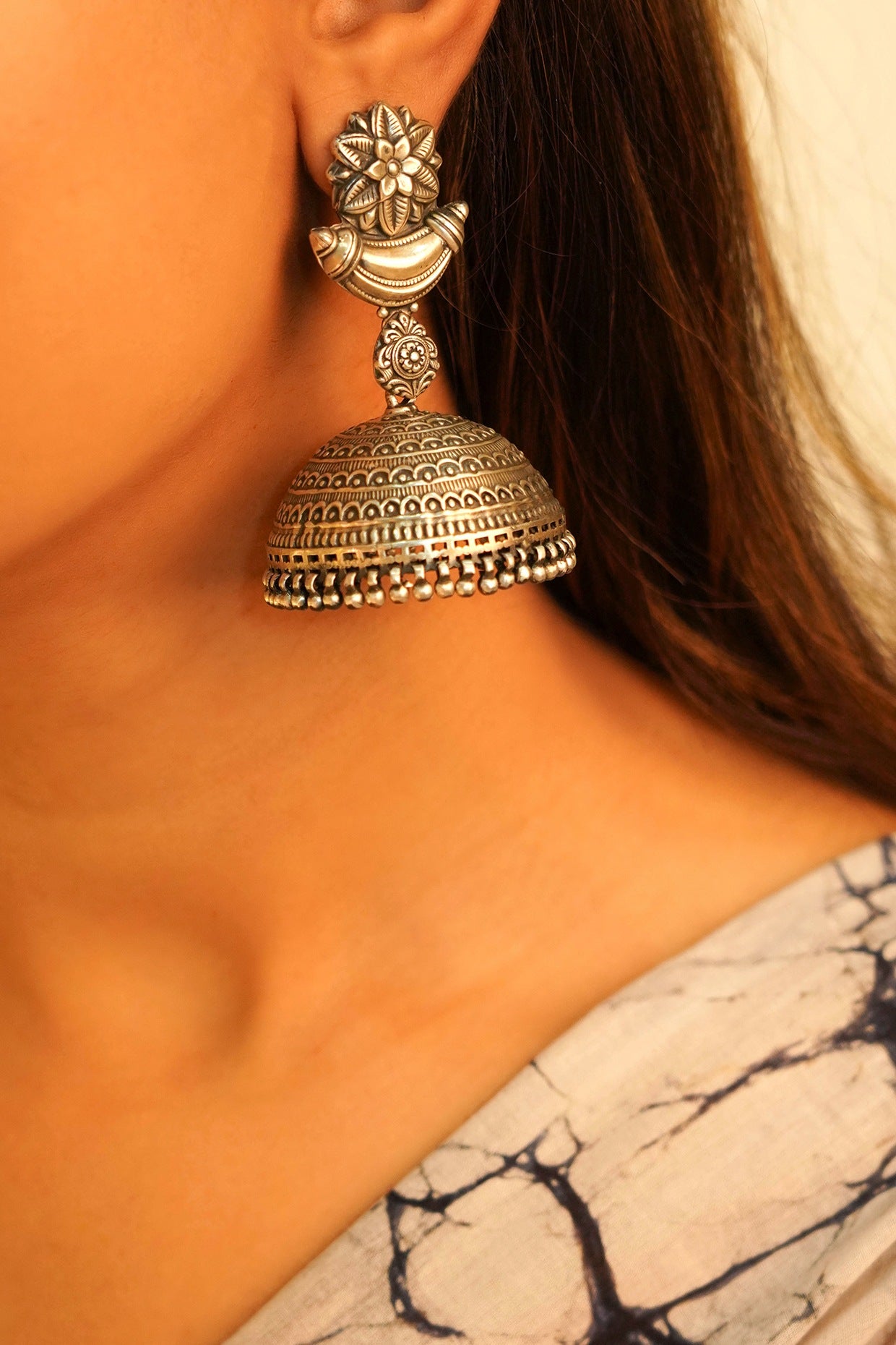 Oxidised Silver Finish Handcrafted Jhumka Earrings In Sterling Silver