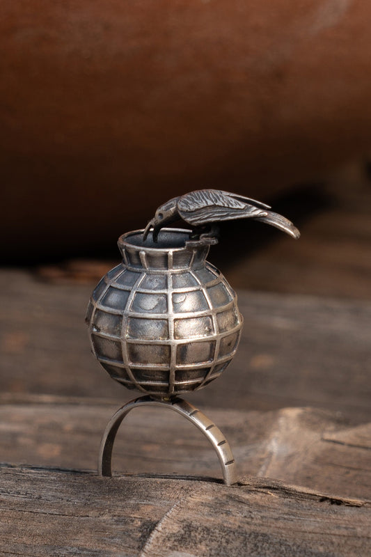 Oxidised Silver Finish Handcrafted Thirsty Crow Ring In Sterling Silver