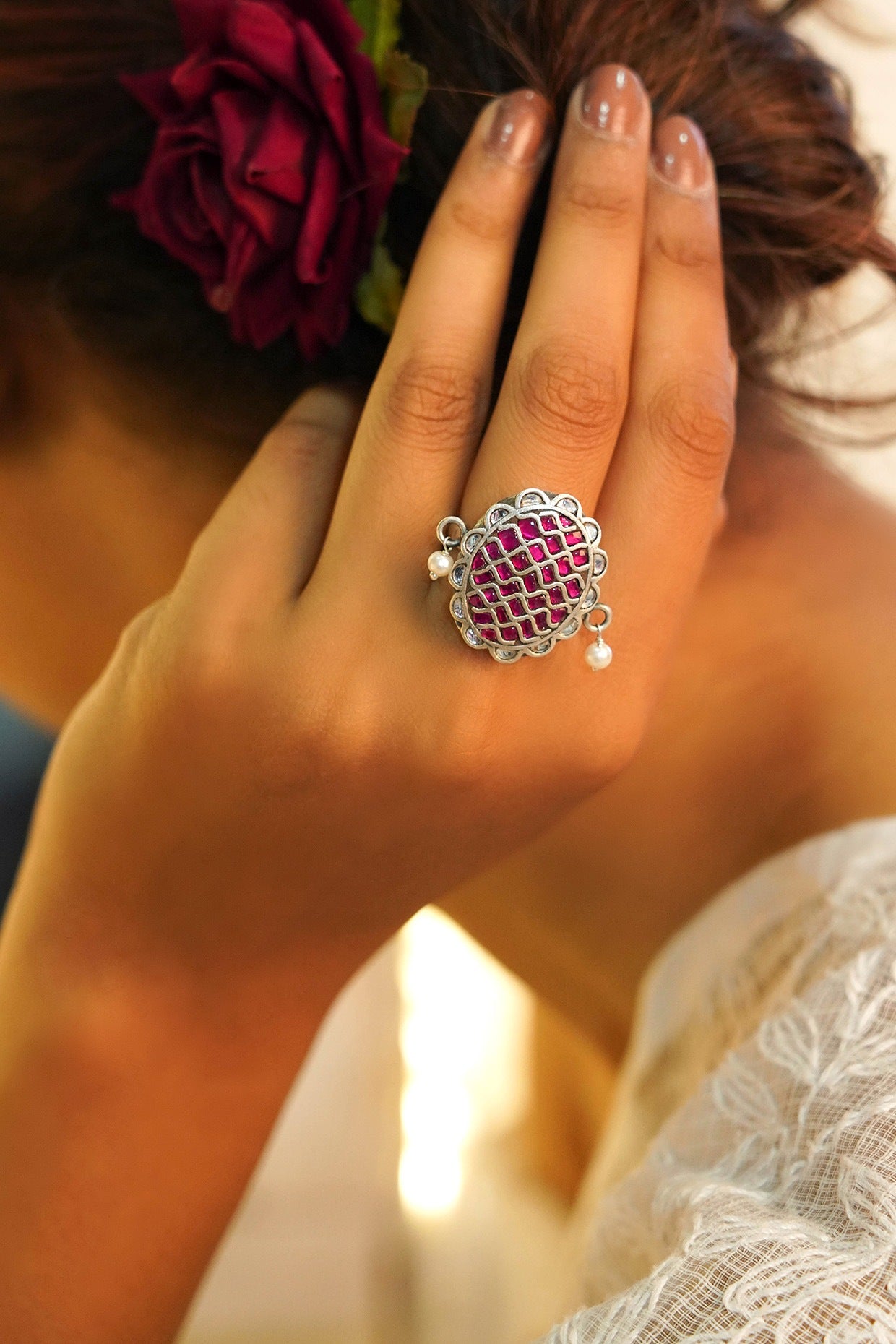 Silver Finish Handcrafted Freshwater Pearls Ring In Sterling Silver