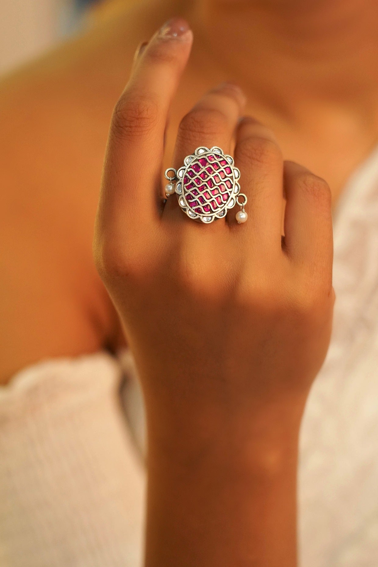 Silver Finish Handcrafted Freshwater Pearls Ring In Sterling Silver