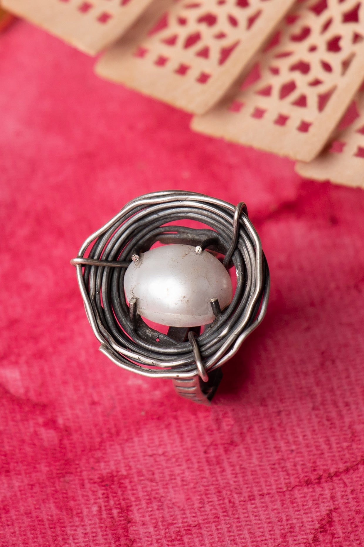 Silver Finish Handcrafted Pearls Ring In Sterling Silver