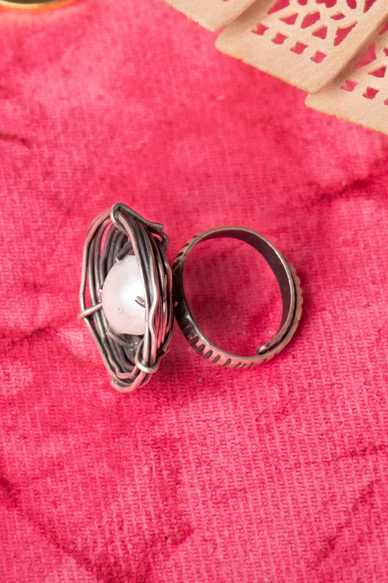 Silver Finish Handcrafted Pearls Ring In Sterling Silver