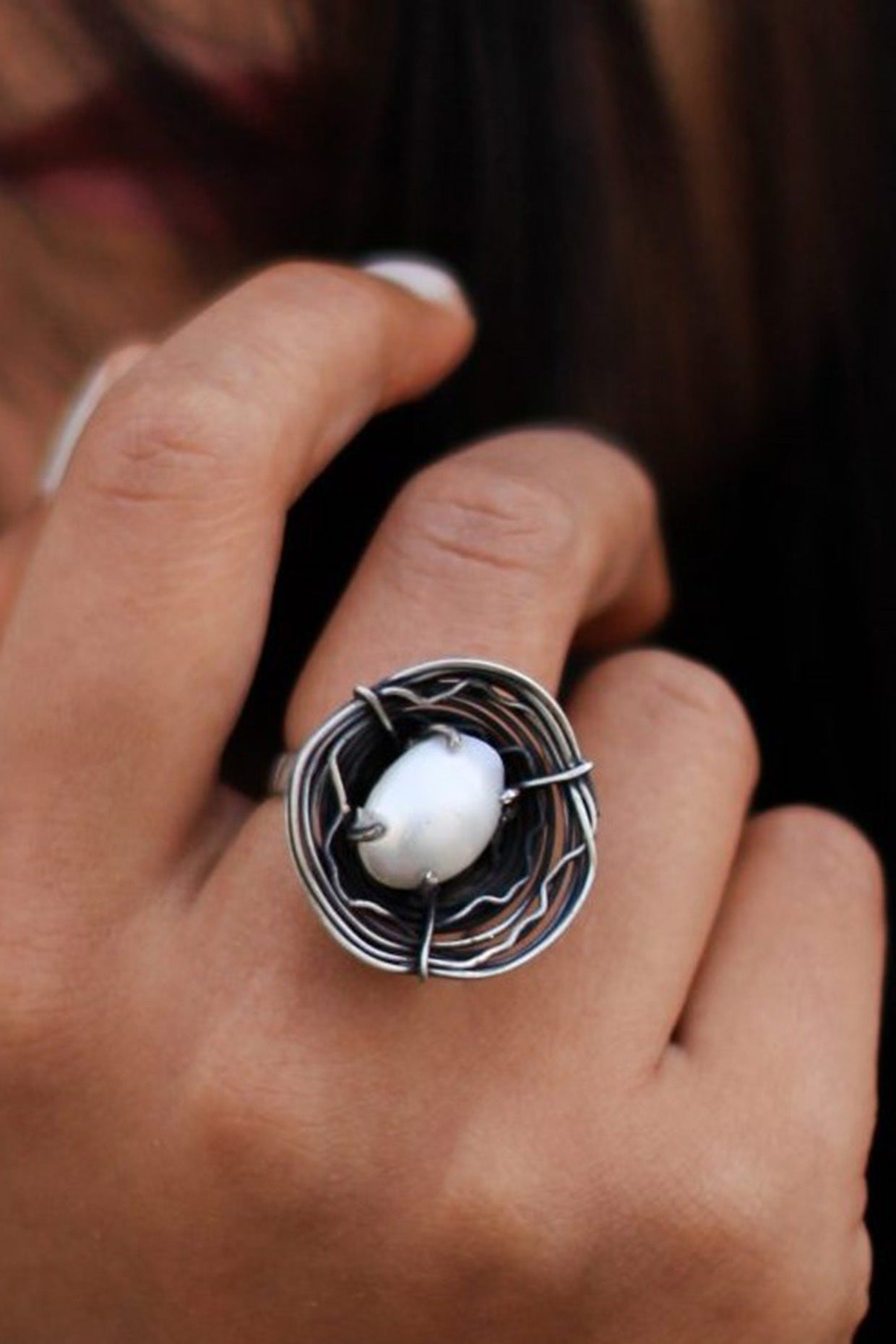 Silver Finish Handcrafted Pearls Ring In Sterling Silver