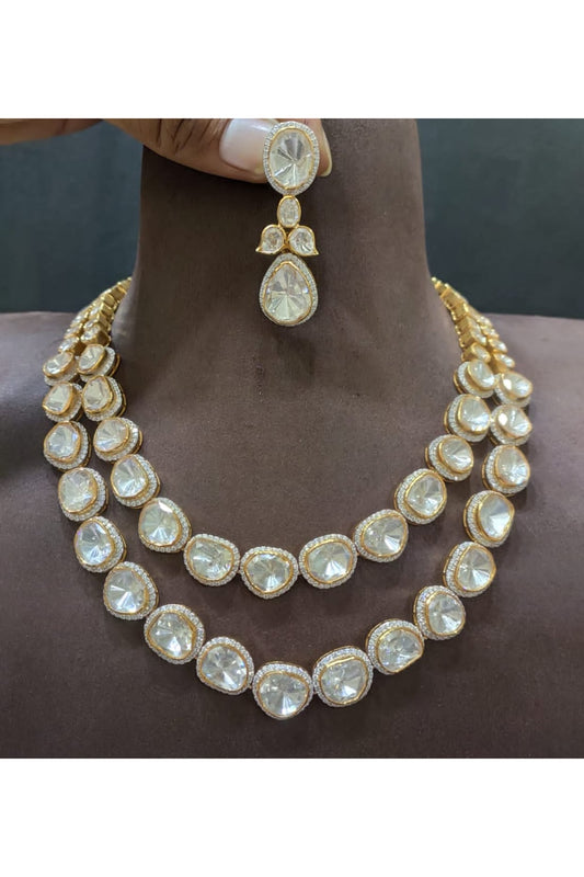 Gold Finish Kundan Polki Necklace Set In Sterling Silver