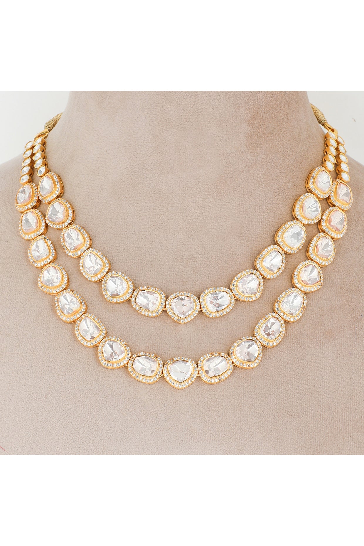 Gold Finish Kundan Polki Necklace Set In Sterling Silver