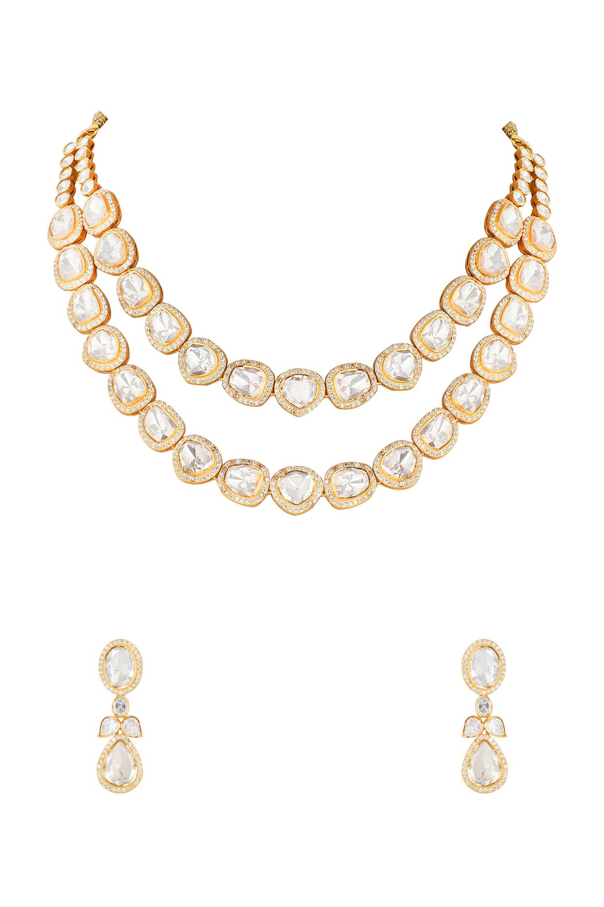 Gold Finish Kundan Polki Necklace Set In Sterling Silver