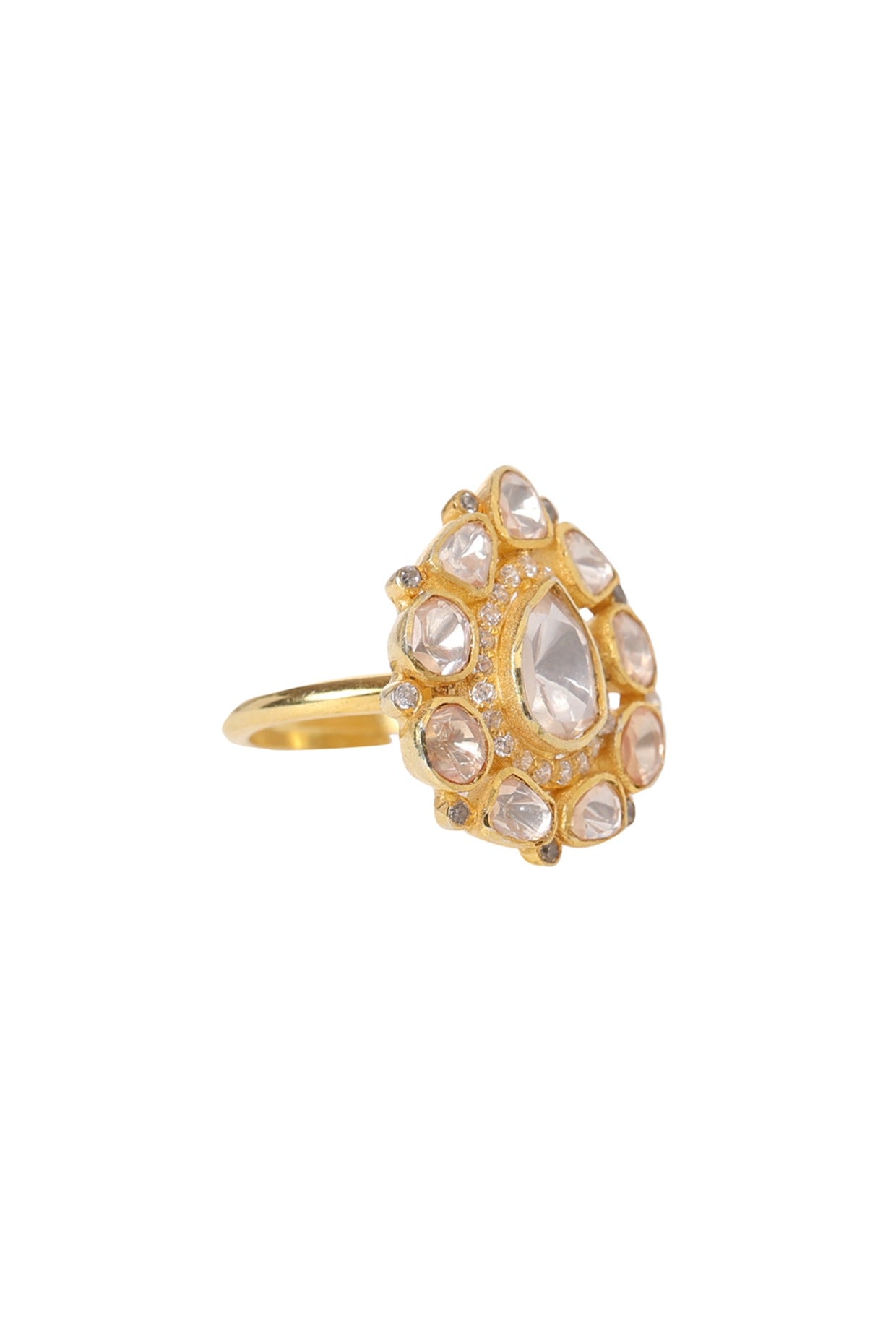 White Gold Plated Kundan Polki Ring In Sterling Silver