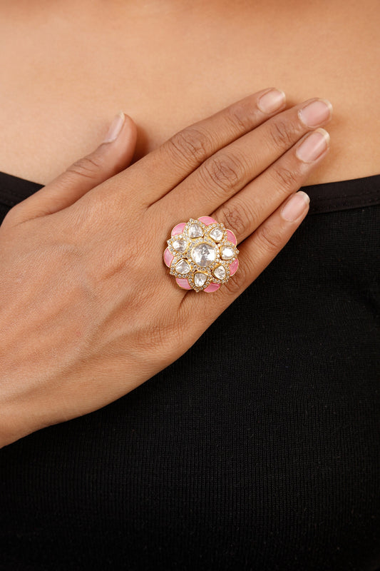 White Gold Plated Kundan Polki Ring In Sterling Silver