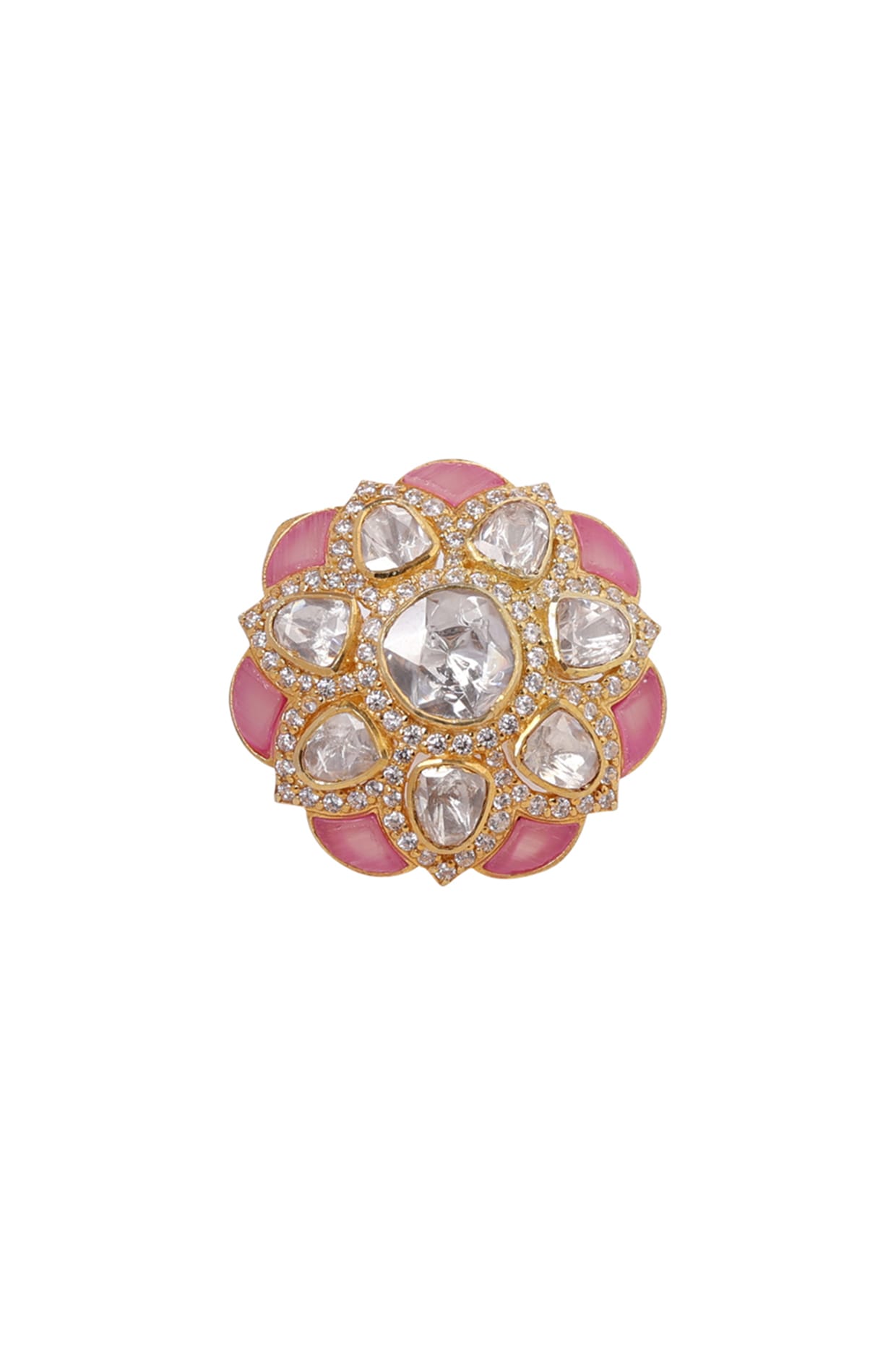 White Gold Plated Kundan Polki Ring In Sterling Silver