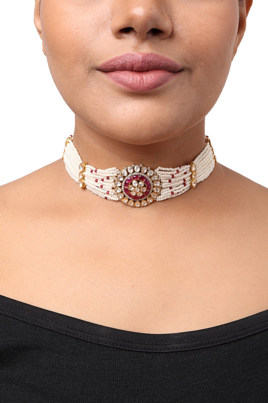 Gold Finish Kundan Polki Choker Necklace In Sterling Silver