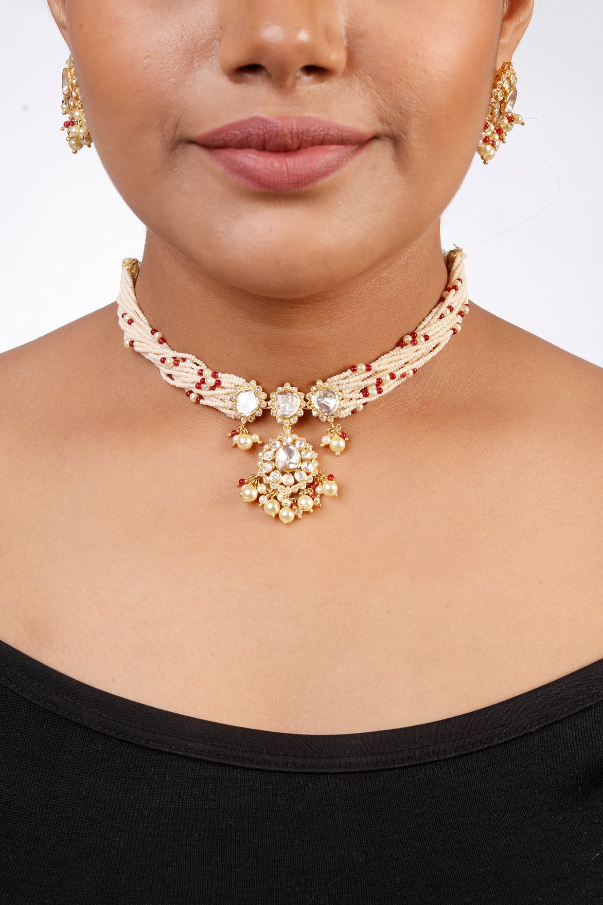 Gold Finish Kundan Polki Necklace Set In Sterling Silver