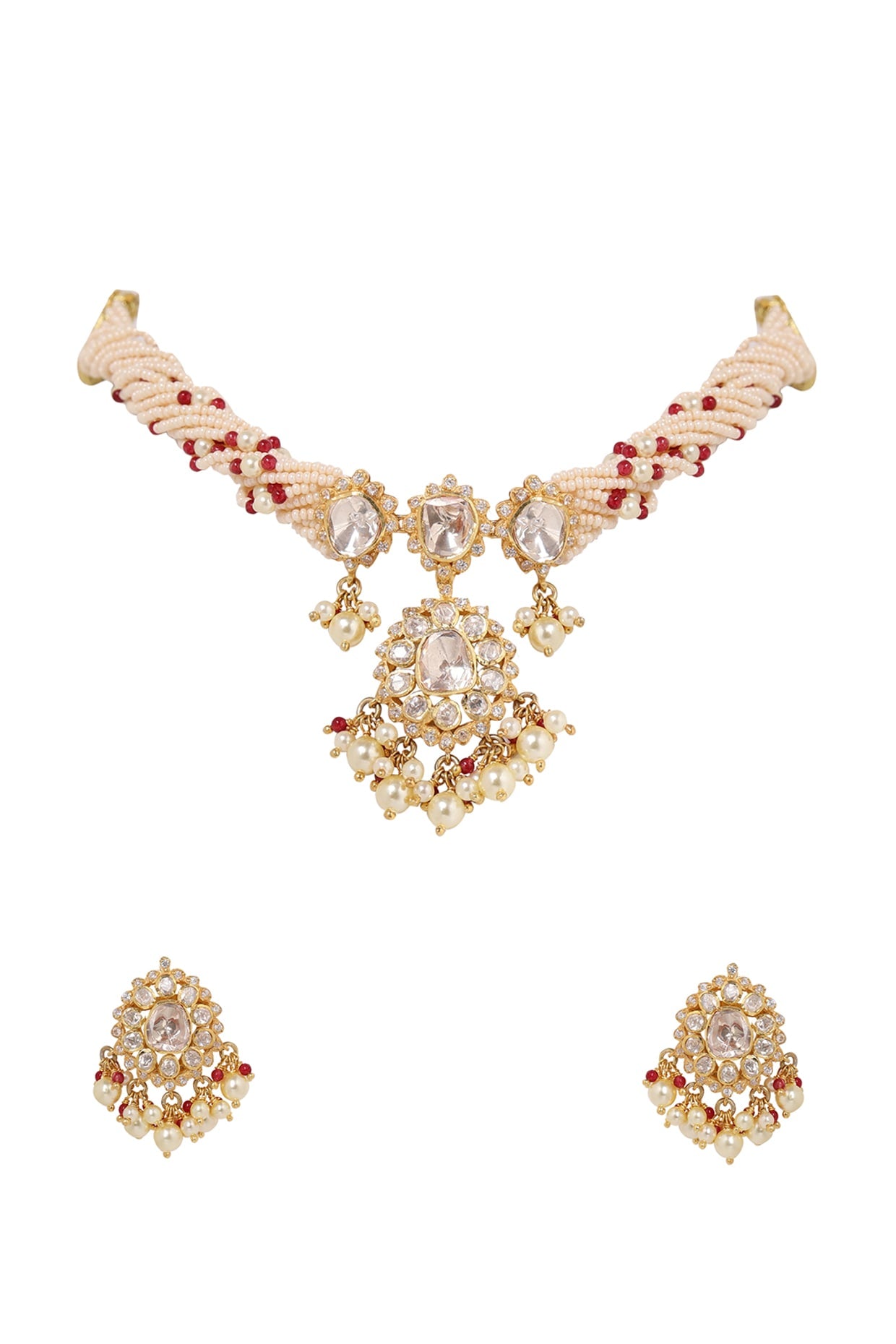 Gold Finish Kundan Polki Necklace Set In Sterling Silver