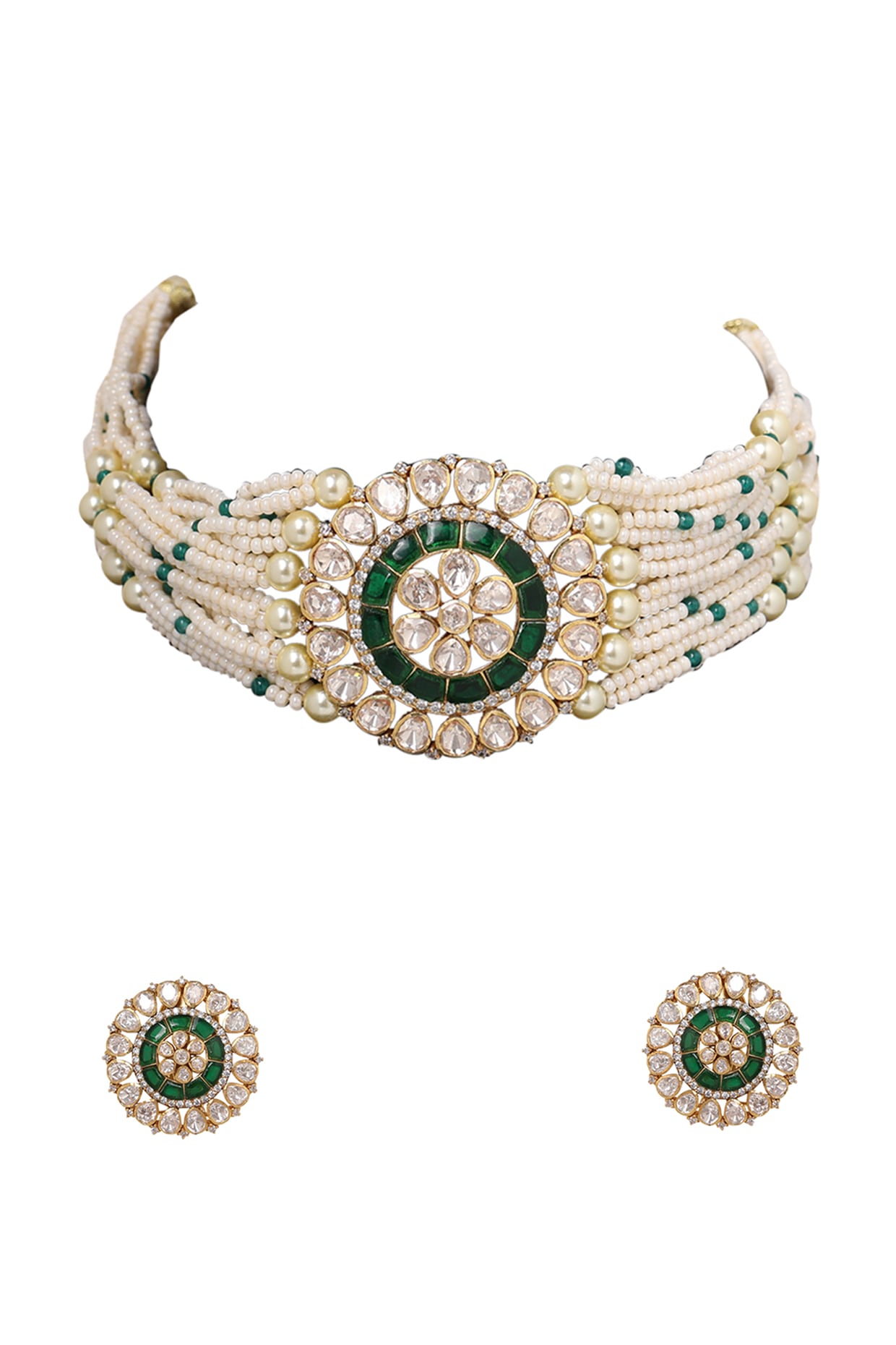 Gold Finish Kundan Polki Choker Necklace Set In Sterling Silver