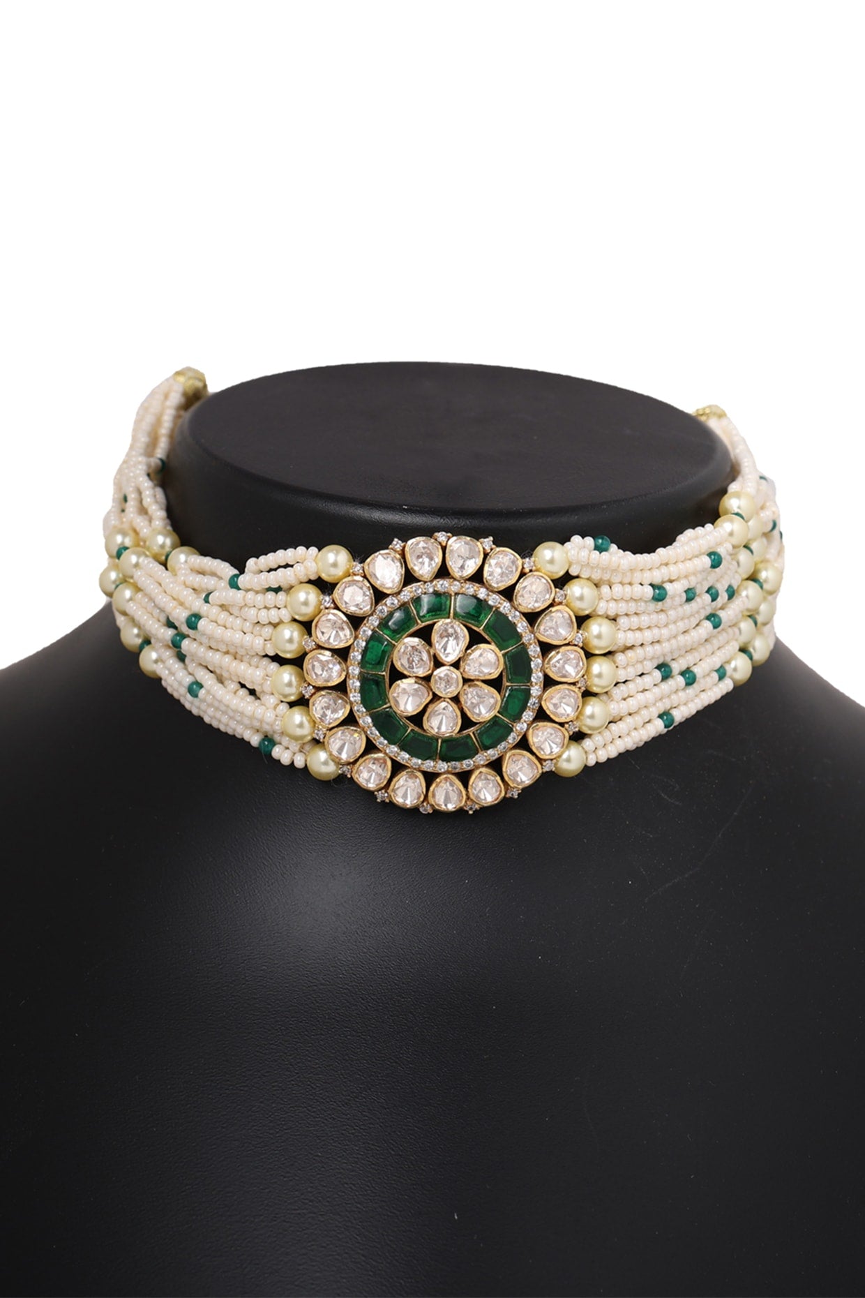 Gold Finish Kundan Polki Choker Necklace Set In Sterling Silver