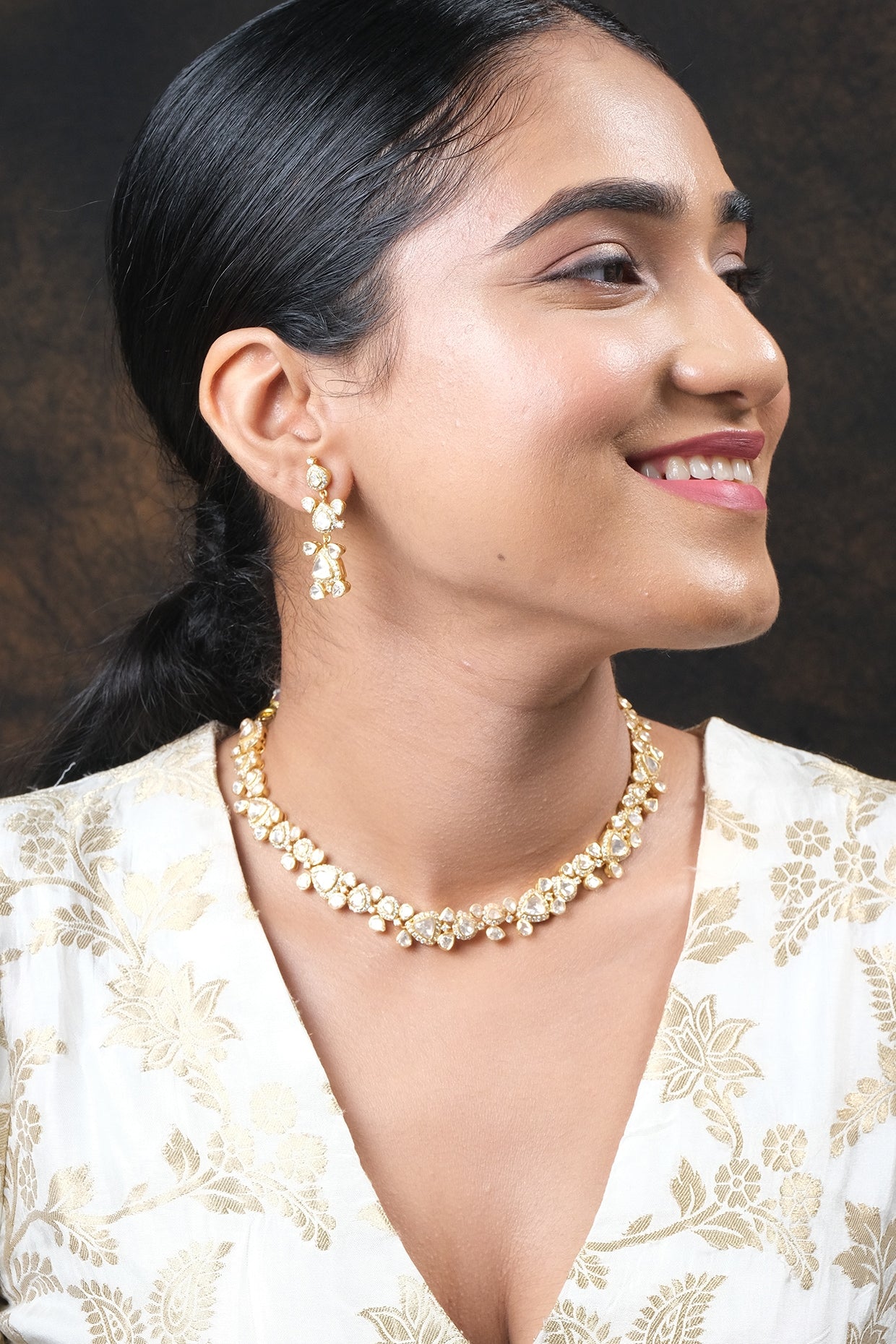 Gold Finish Kundan Polki Necklace Set In Sterling Silver