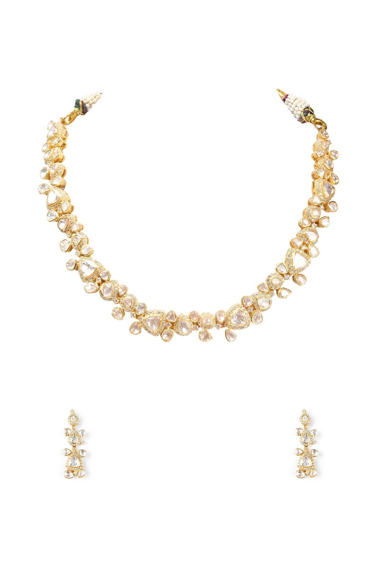 Gold Finish Kundan Polki Necklace Set In Sterling Silver