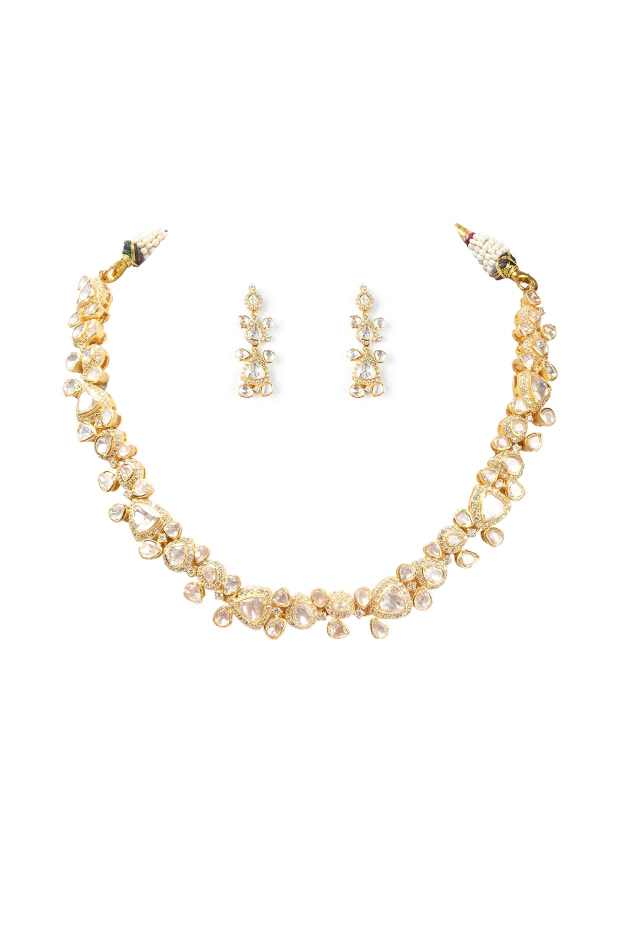 Gold Finish Kundan Polki Necklace Set In Sterling Silver