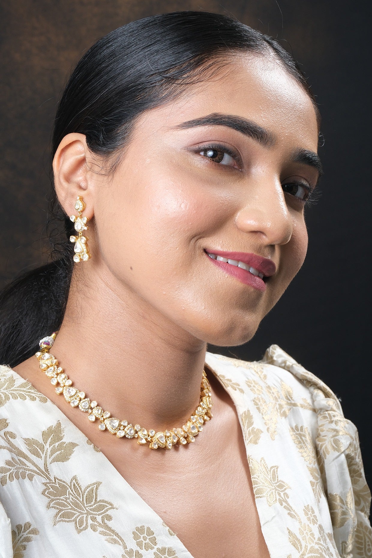 Gold Finish Kundan Polki Necklace Set In Sterling Silver