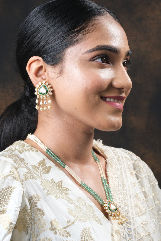 Gold Finish Kundan Polki Necklace Set In Sterling Silver