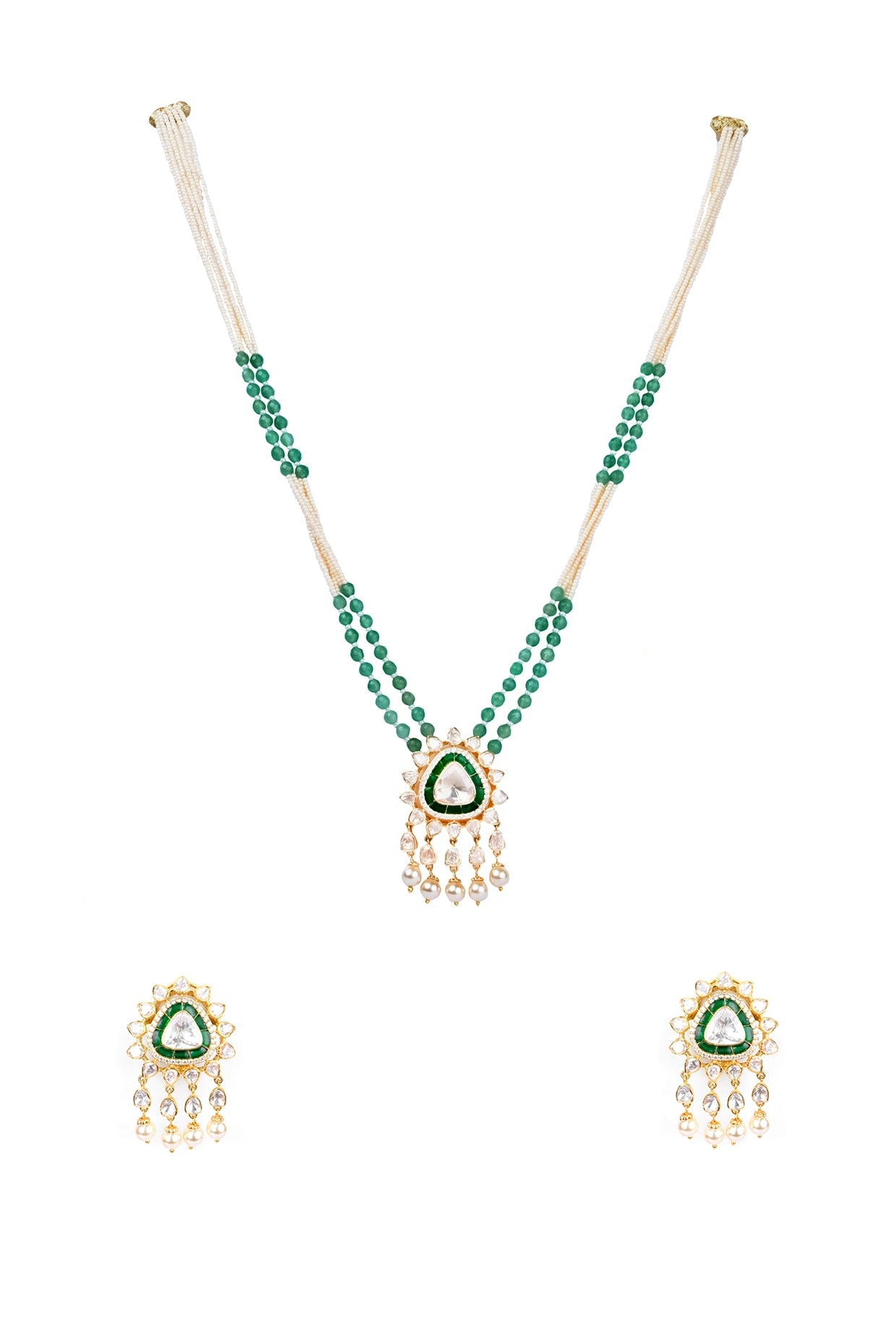 Gold Finish Kundan Polki Necklace Set In Sterling Silver