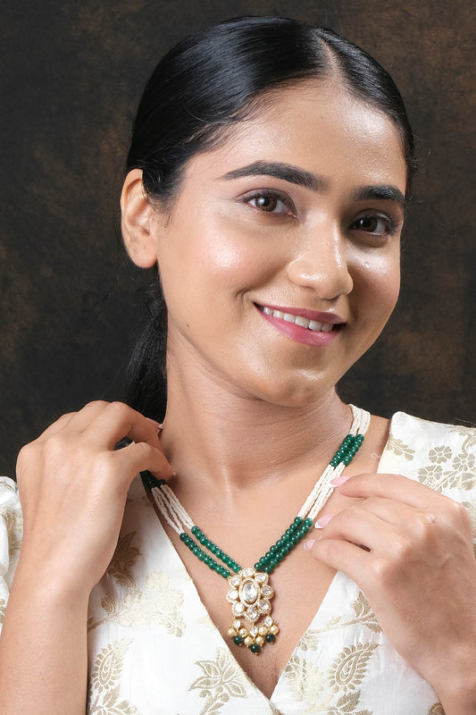 Gold Finish Kundan Polki Necklace Set In Sterling Silver