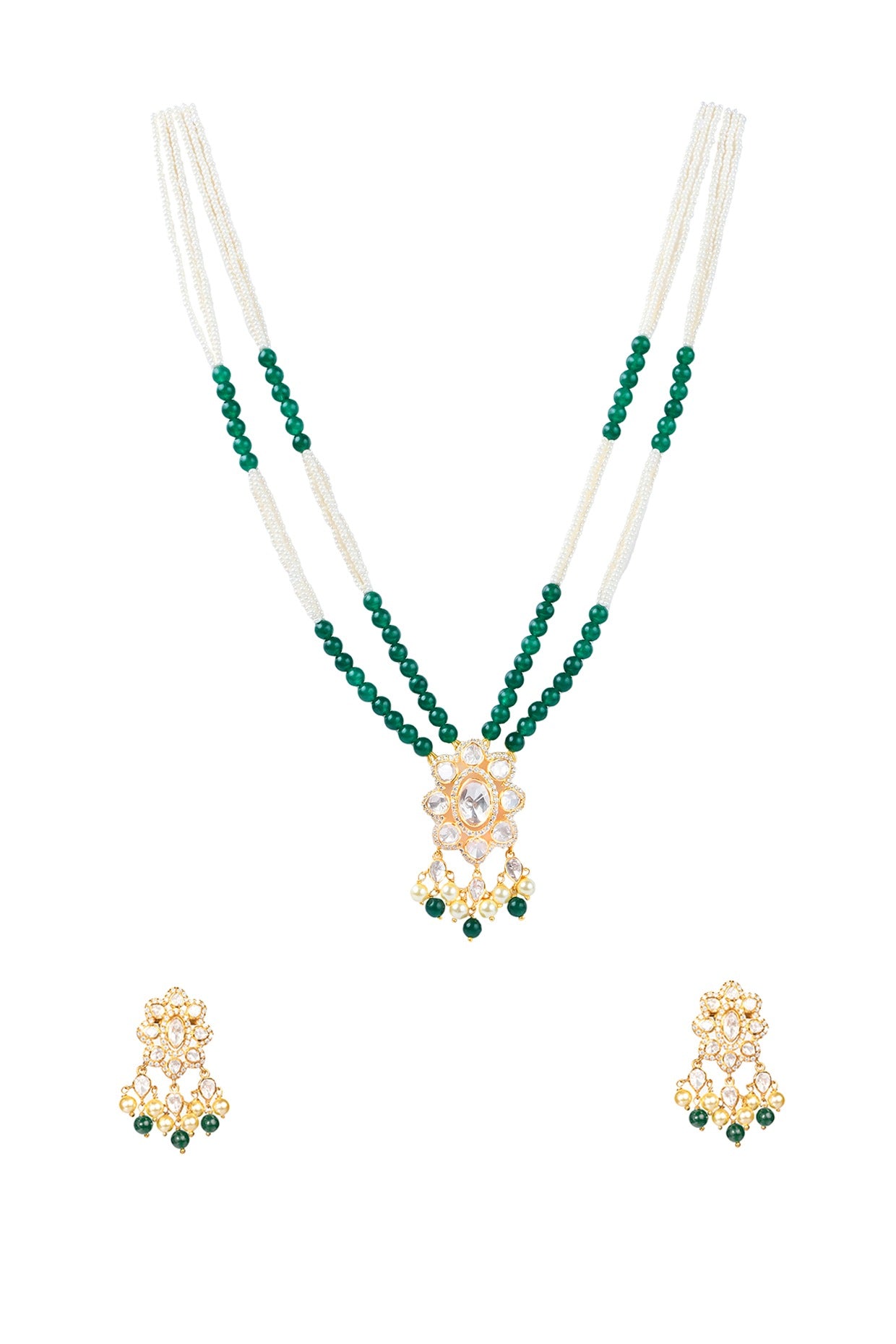 Gold Finish Kundan Polki Necklace Set In Sterling Silver