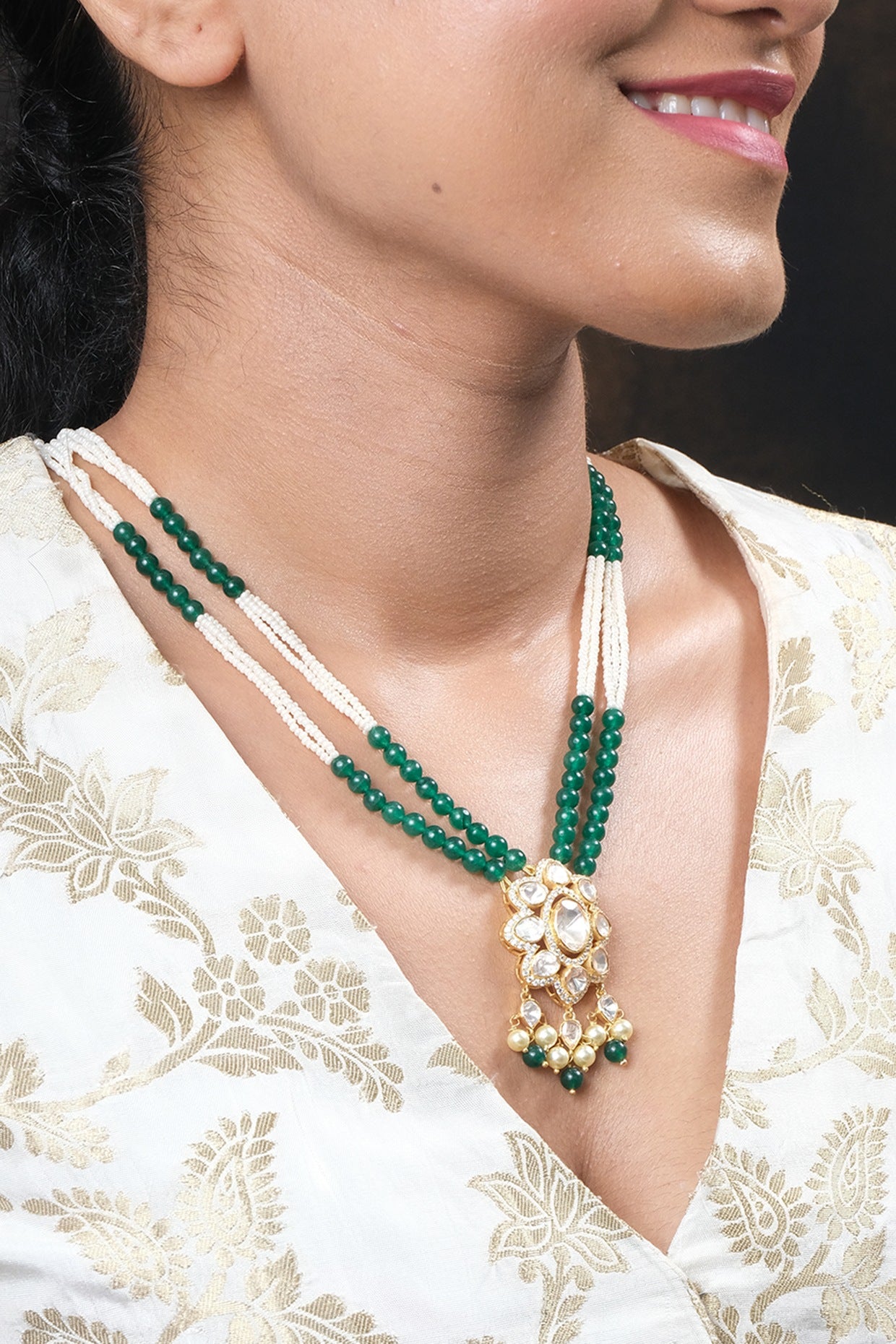 Gold Finish Kundan Polki Necklace Set In Sterling Silver