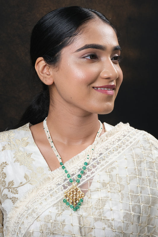 Gold Finish Kundan Polki Necklace Set In Sterling Silver