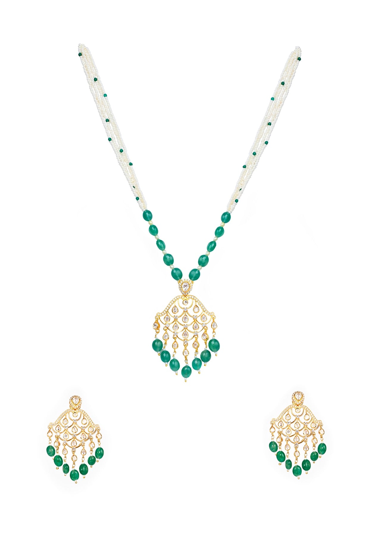 Gold Finish Kundan Polki Necklace Set In Sterling Silver