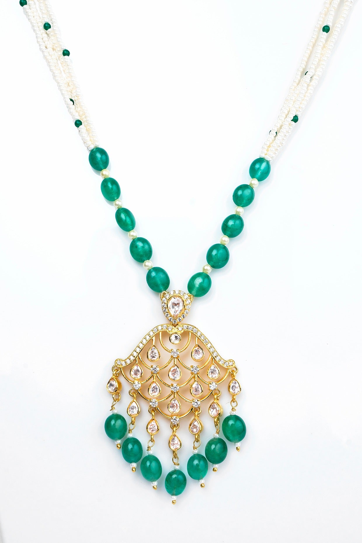 Gold Finish Kundan Polki Necklace Set In Sterling Silver