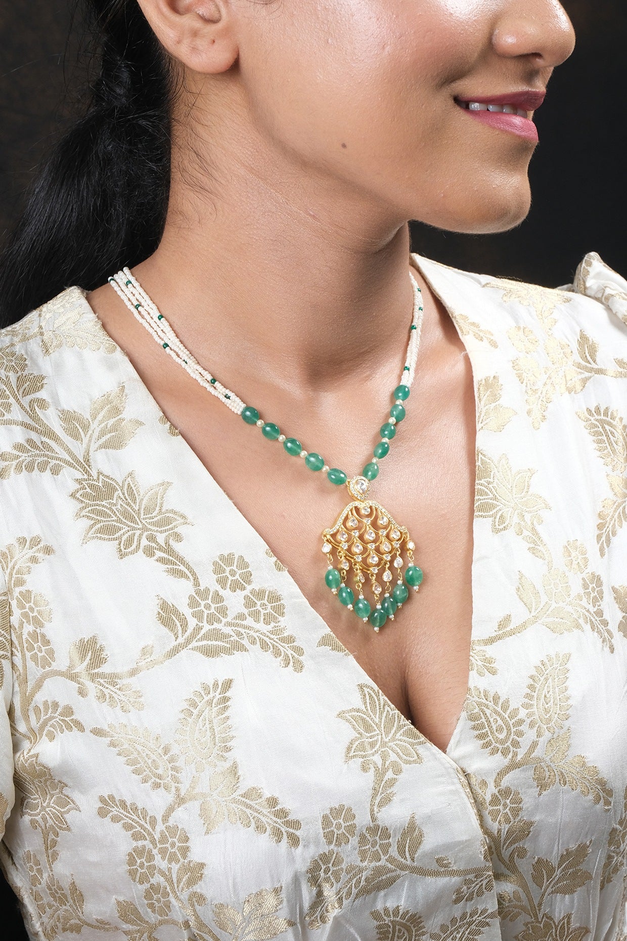 Gold Finish Kundan Polki Necklace Set In Sterling Silver