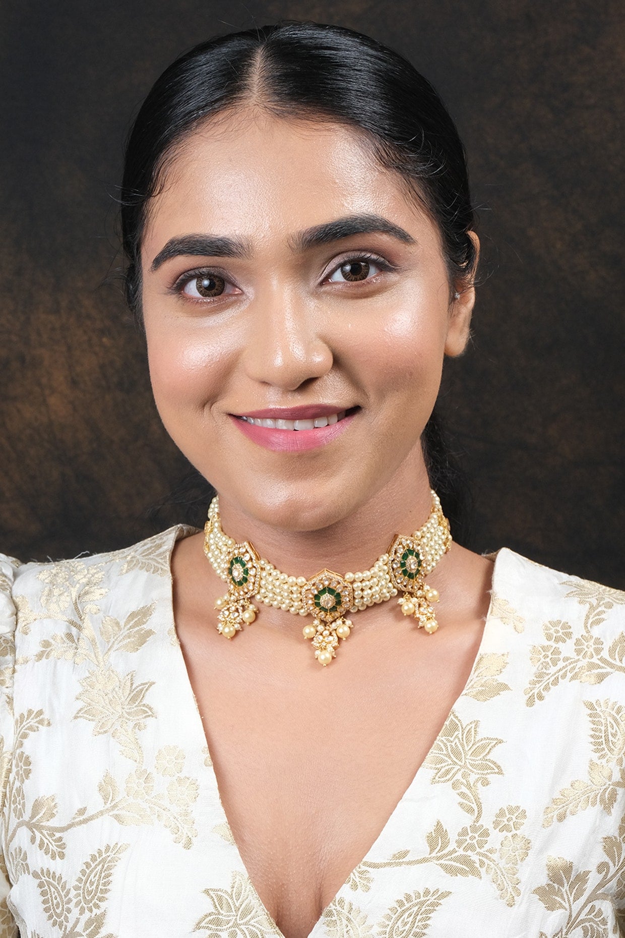 Gold Finish Kundan Polki Choker Necklace Set In Sterling Silver