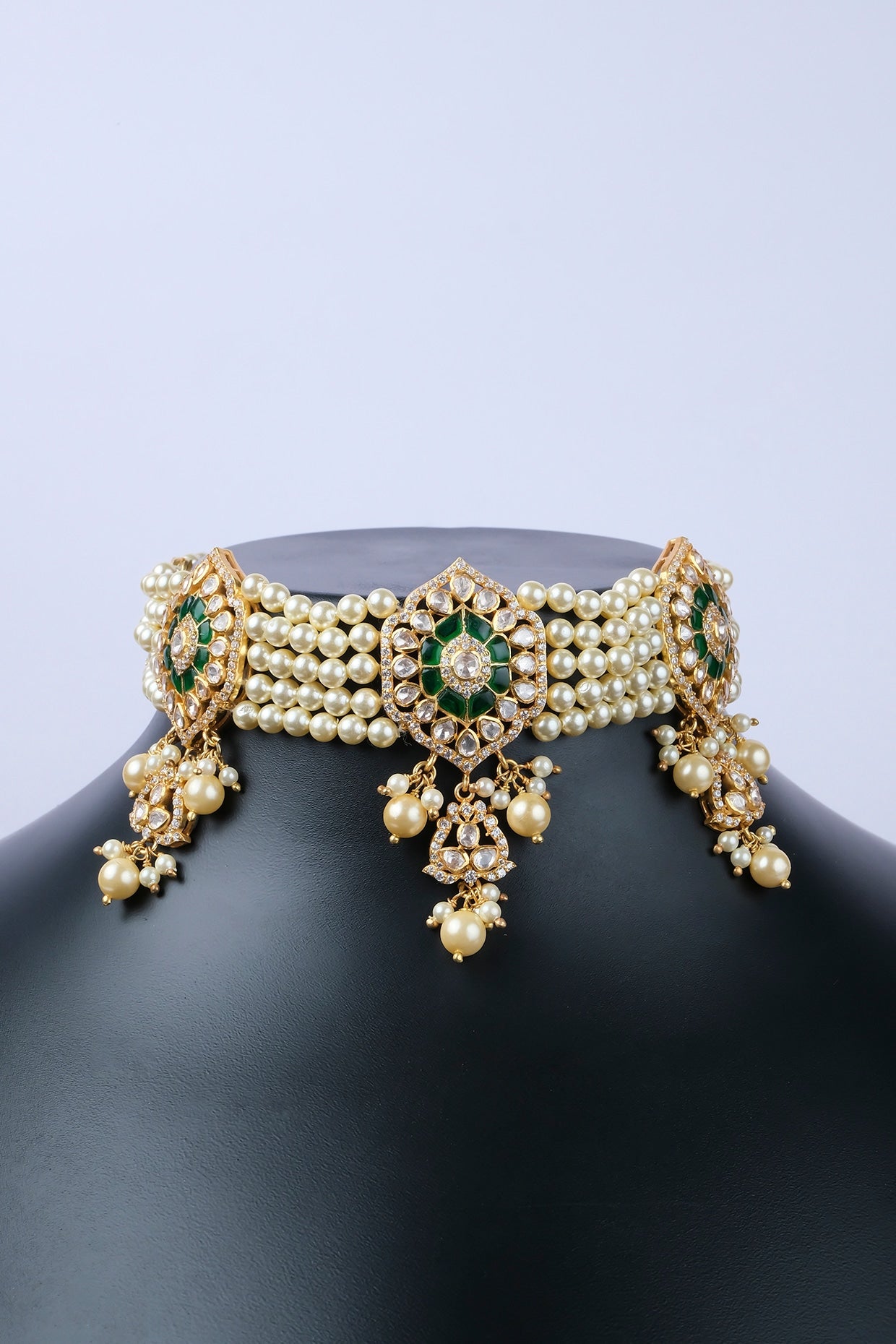 Gold Finish Kundan Polki Choker Necklace Set In Sterling Silver