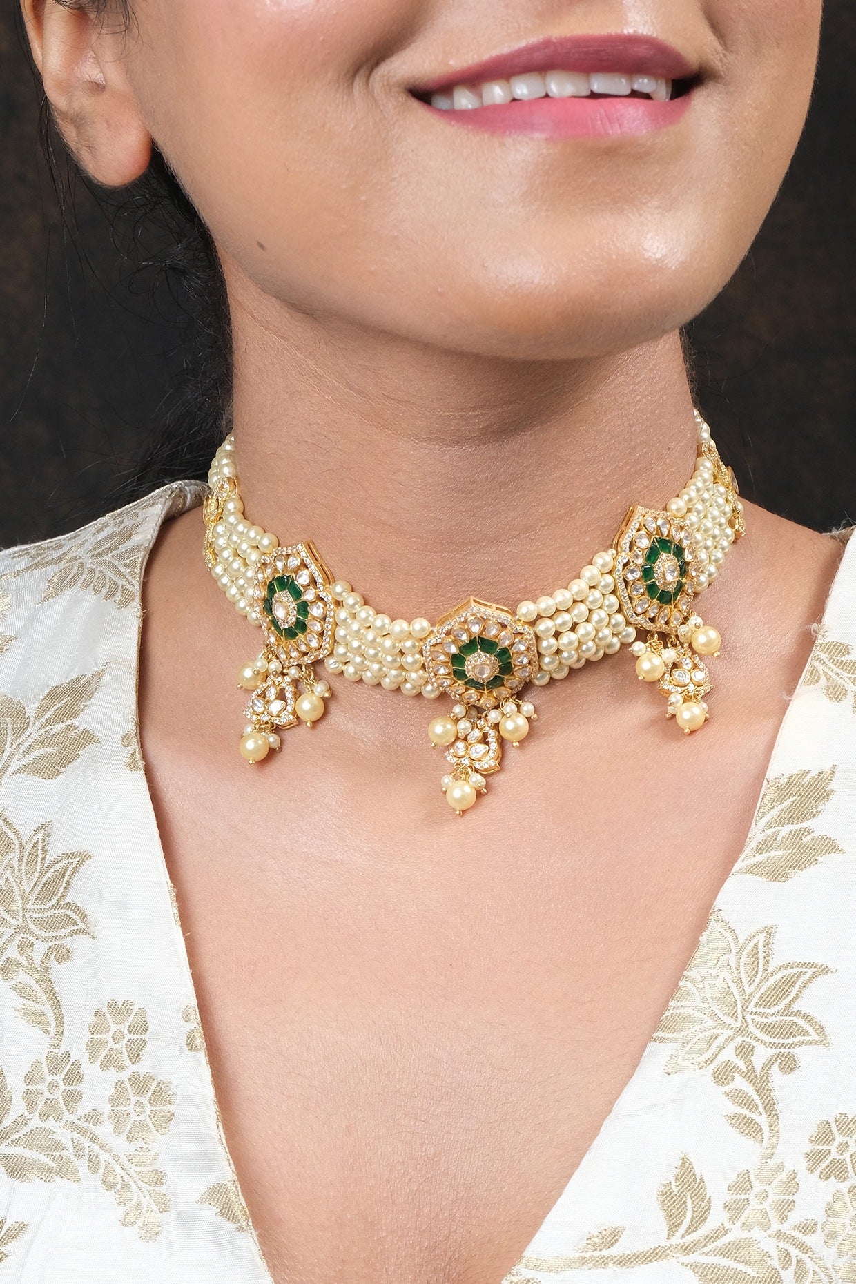 Gold Finish Kundan Polki Choker Necklace Set In Sterling Silver