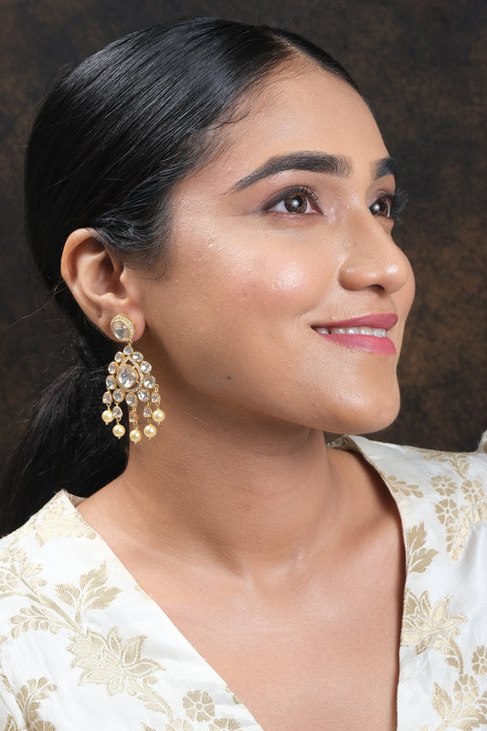 Gold Finish Kundan Polki Dangler Earrings In Sterling Silver