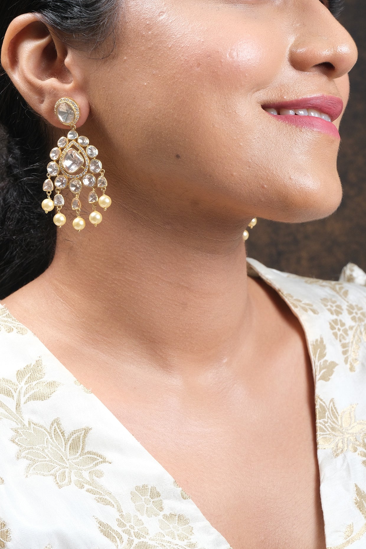 Gold Finish Kundan Polki Dangler Earrings In Sterling Silver