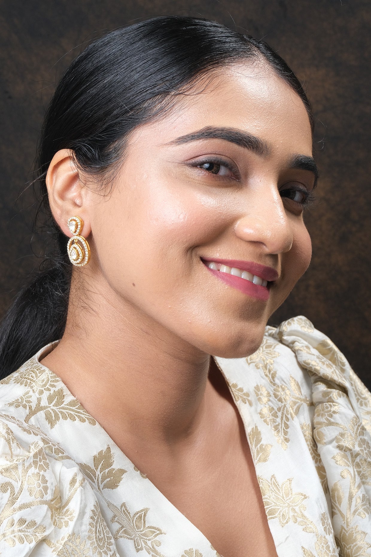 Gold Finish Kundan Polki Dangler Earrings In Sterling Silver