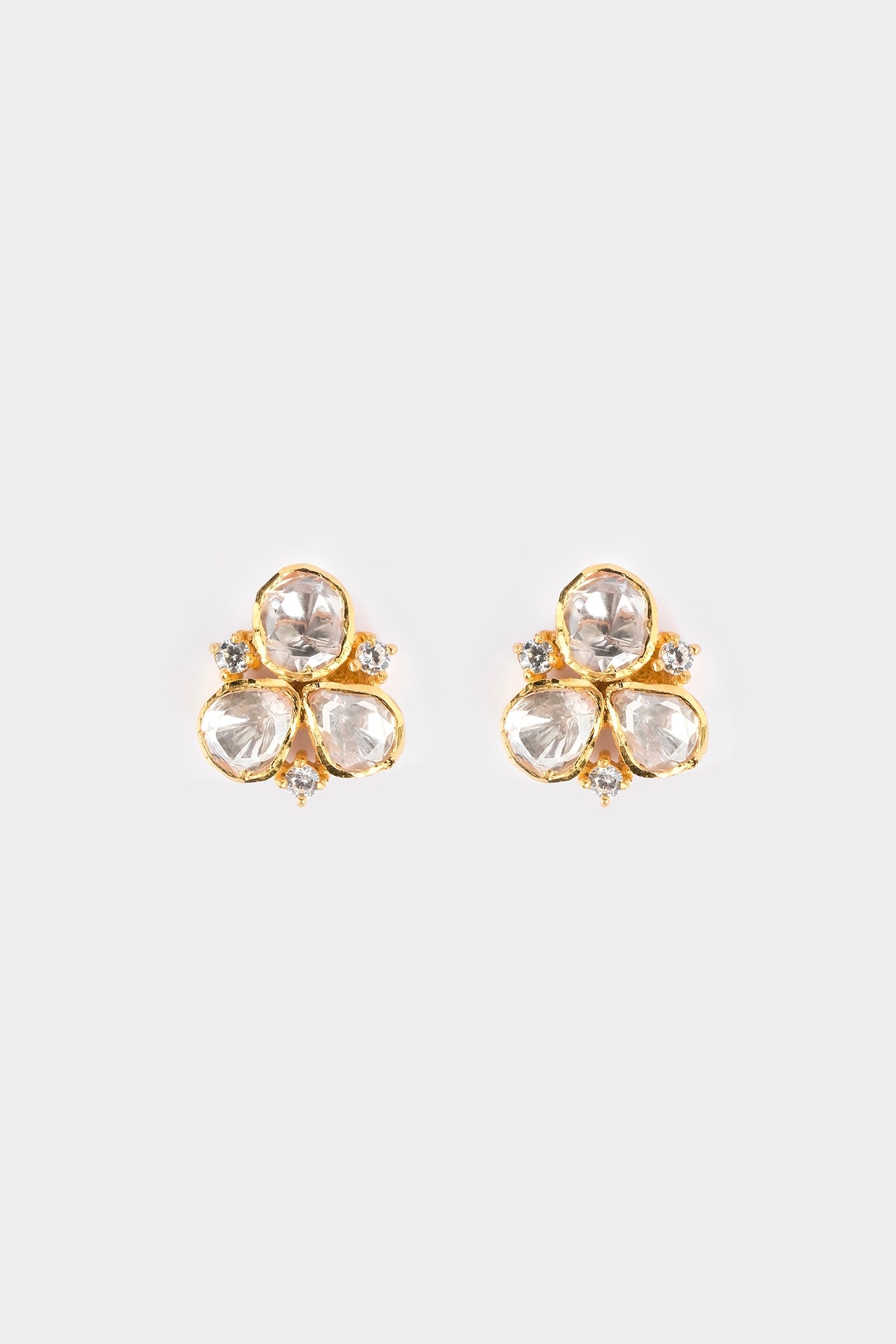 Gold Finish Kundan Polki Stud Earrings In Sterling Silver